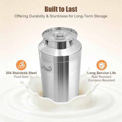 Stainless Steel Milk Can, 88L/23.3Gal Storage Bucket Airtight Canister with Lid, Wine Oil Beverage Storage Container for Kitchen Restaurant Party, W15.8*H29.1in - size: 88L/23.3Gal w/o Faucet