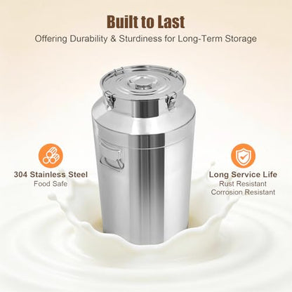 Stainless Steel Milk Can, 88L/23.3Gal Storage Bucket Airtight Canister with Lid, Wine Oil Beverage Storage Container for Kitchen Restaurant Party, W15.8*H29.1in - size: 88L/23.3Gal w/o Faucet