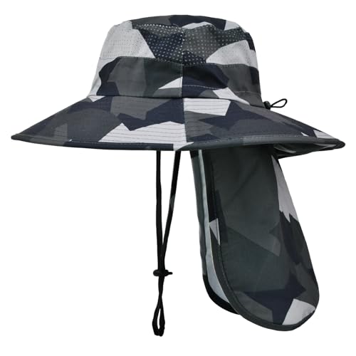 Sun Hats for Men Women Fishing Hat UPF 50+ Breathable Wide Brim Bucket Hats Summer UV Protection Safari Hat with Neck Flap - color: Camo Dark Grey