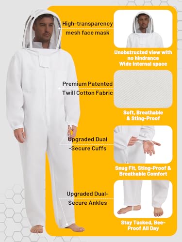 Sting Proof Bee & Beekeeper Suit, Unisex, Veil & Gloves,XL | Sting Proof Beekeeping Gear for Men & Women, Beginner to Pro, Backyard Apiary, Halloween Bee Costume - size: XL