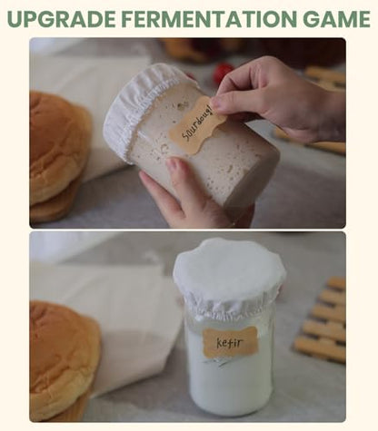 Kombucha Cloth Cover for Weck Jars Wide Mouth | Elastic Cotton Toppers Fabric Fermenting Lid Covers for Sourdough Kefir Starter Ball Mason Gallon Jar - style: Thicker Khaki Cotton