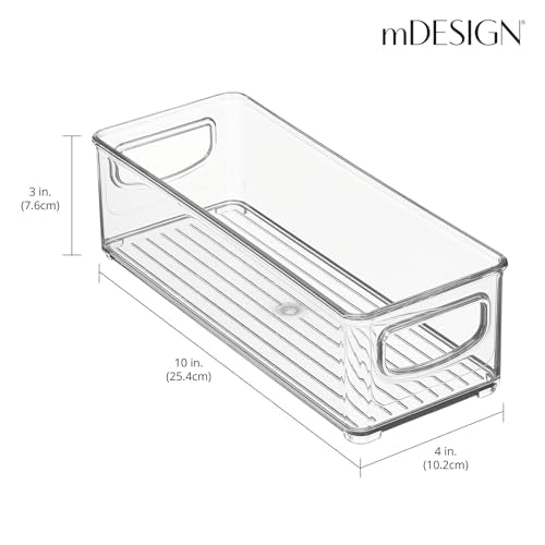 mDesign Plastic Stackable Small Organizing Bin Kitchen Pantry Cabinet, Refrigerator, Freezer Food Organization Storage Bins with Handles, Drawer Container Organizer, Ligne Collection, 4 Pack - Clear - size: 10 x 4 x 3
