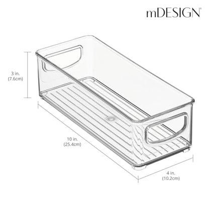 mDesign Plastic Stackable Small Organizing Bin Kitchen Pantry Cabinet, Refrigerator, Freezer Food Organization Storage Bins with Handles, Drawer Container Organizer, Ligne Collection, 4 Pack - Clear - size: 10 x 4 x 3