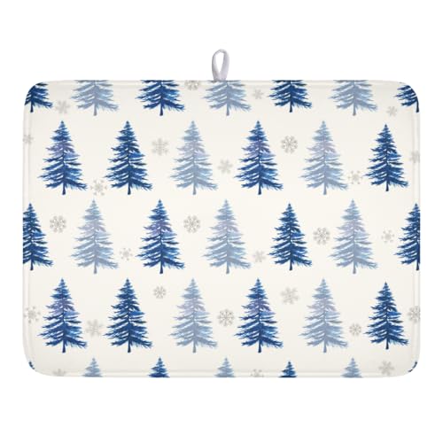Winter Dish Drying Mat 18 x 24 Inch Blue Tree Dish Drying Pad Absorbent Microfiber Mats for Snowflake Dish Rack Pad for Holiday Kitchen Counter Coffee Bar Decor - color: Winter Blue, size: 18" x 24"