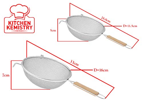 Double Mesh Strainer with Non Slip Wooden Handle. Premium Stainless Steel Strainer Mesh Ideal for Quinoa, Tea, Soup, Sifting, Baking, Straining - 12 & 16cm, Set of 2 Pieces - size: Set of 2 Strainer