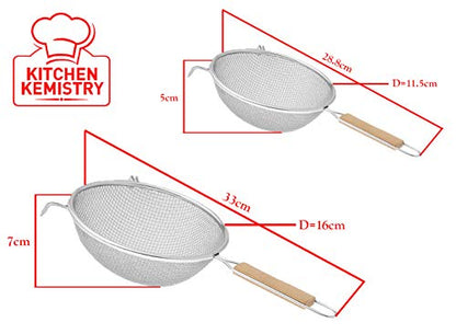Double Mesh Strainer with Non Slip Wooden Handle. Premium Stainless Steel Strainer Mesh Ideal for Quinoa, Tea, Soup, Sifting, Baking, Straining - 12 & 16cm, Set of 2 Pieces - size: Set of 2 Strainer
