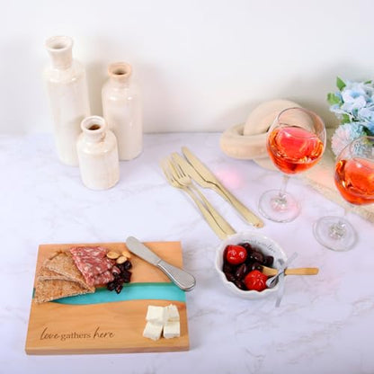Pavilion Gift Company - Love Gathers Here - 9" x 7" Serving Cheese Bread Wooden & Resin Board With Brushed Silver Spreader Knife Set Housewarming Hostess Host Charcuterie Gift Present