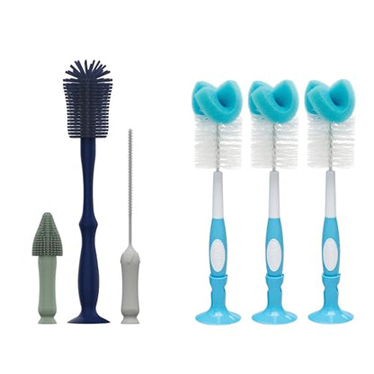 Dr. Brown's Silicone Cleaning Brush Set with Bottle, Spout, and Straw Brush, 3-Pack + Baby Bottle Sponge Brush, Blue, 3-Pack - color: Silicone Brush Set + Blue Brush, 3-pack, size: Compact
