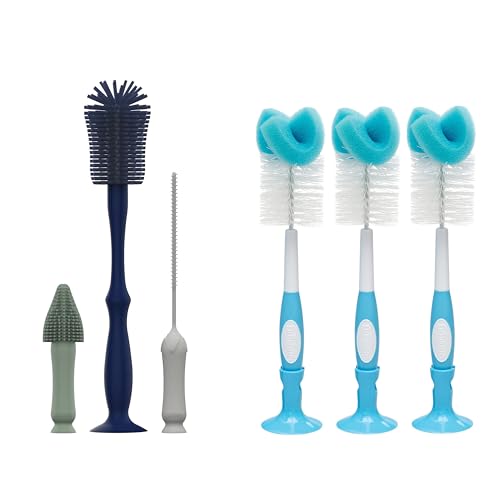 Dr. Brown's Silicone Cleaning Brush Set with Bottle, Spout, and Straw Brush, 3-Pack + Baby Bottle Sponge Brush, Blue, 3-Pack - color: Silicone Brush Set + Blue Brush, 3-pack, size: Compact