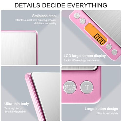 0.01g High Precision Kitchen Food Scale, Diyife 500g Portable Digital Scale with LCD Display, Tare, Multifunctional Gram Scale Weight for Cooking, Baking, Jewelry, 2 Tray, Batteries Included, Pink - color: Pink