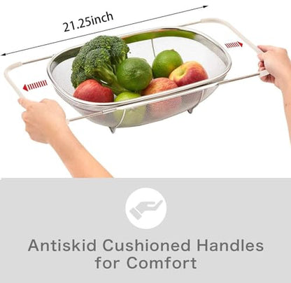 AJIODA Over The Sink Colander, 6 Quarts Stainless Steel Oval Colander with Expandable Rubber Grip Handle, Fine Mesh Strainer Baskets Kitchen Colanders for Strain, Drain, Rinse Vegetable, Fruits, Beige - color: Beige, size: Large