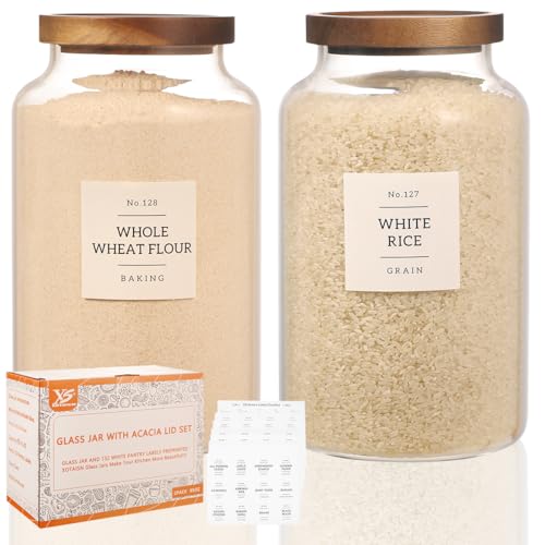 2 Pack Large Glass Flour and Sugar Storage Containers with Airtight Acacia Lids and 132 Kitchen Pantey Labels Preprint - 95 LF OZ Borosilicate Glass Canister Sets for Food,Spaghetti,Cookie,Rice - size: 95oz-2 Pack