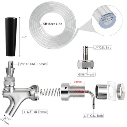 Kegerator Tap Kit Stainless Steel Beer Tap Faucet Kegerator Parts Kegerator Replacement Parts Self-Closing Beer Faucet 3/16 Beer Line Tubing Beer Line Shank Faucet Kit with Faucet Wrench
