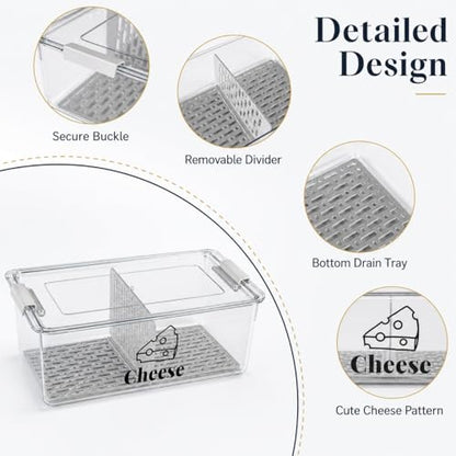Cheese Container Airtight with Draining Basket Cream Block Cheese Sliced Cheeses Box with Lid for Fridge Shredded Saver 2 Compartment Deli Meat Storage Box,Cheeses Sliced,Grated,Cheddar Keeper - color: Clear - Big