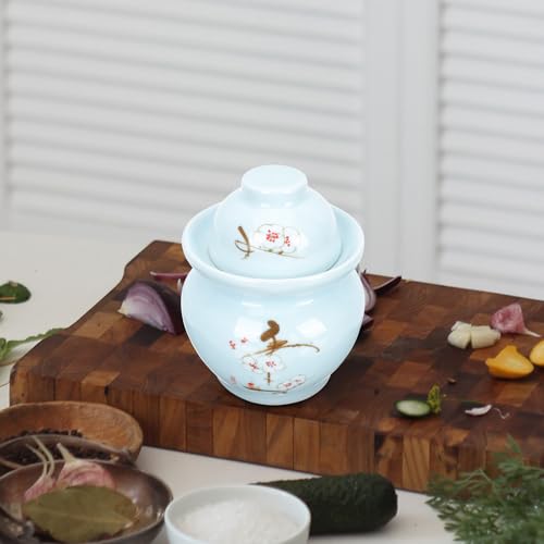 Ceramic Pickle Jar with Double Lid 3l Sauerkraut Storage Jar Traditional Sichuan Kimchi Sealed Crock for Kitchen Food Storage Blue Plum Blossom Pattern