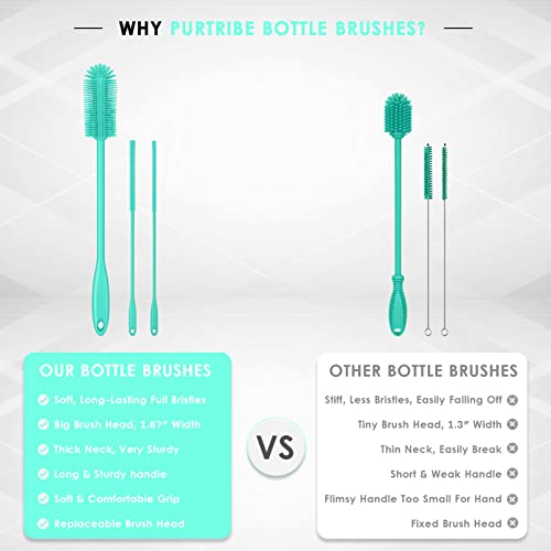 3-in-1 Silicone Bottle Brush and Straw Cleaning Brush Set, Water Bottle Cleaner for Narrow Neck Containers, Tumblers, Flask, Vase and Glassware (Teal) - color: Teal