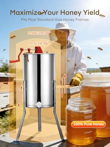 FOHERE 3-Frame Honey Extractor, Food-Grade Stainless Steel Manual Beekeeping Equipment, Apiary Centrifuge with Height-Adjustable Stand, Perfect for Hobby Beekeepers & Home Apiaries - size: 3 Frame