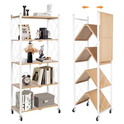 5-Tier Foldable Storage Shelves with Wheels | Portable Structure, Suitable for kitchen, bedroom, living room, bathroom, garage, wood grain transfer, 59*26*13in - color: Natural, size: 5 Tier