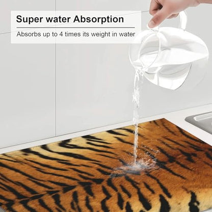 Tiger Print Dish Drying Mat Wildlife Tiger Skin Animals Brown Black Drying Rack Pad Countertop Dishes Ultra Absorbent Microfiber Kitchen Counter Mat 18x24 Inch - color: Brown Black