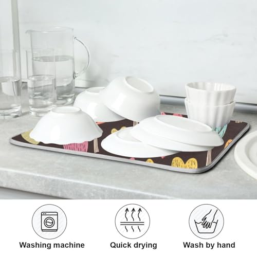 Heart Trees Leaves Dish Drying Mat for Kitchen Counter Super Absorbent Draining Mat with Non-slip Backed Sink Tray Mat for Draining Racks Countertops Sinks Dish Bottles Cups Bowl