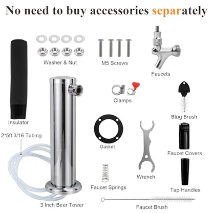 Beer Tower Single Tap Draft Beer Tower, Stainless Steel Keg Tower, 3" Tap Tower dispenser with Pre-Assembled Tubing and Self-Closing Spring, Single Kegerator Tower Dispenser for Party Bar - size: Single Tap Beer Tower