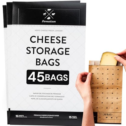Formaticum - 45-Pack Cheese Storage Bags - 6.25 x 11 Wax Paper Bags to Keep Cheese or Charcuterie Fresh - Professional Grade Cheese Paper for Wrapping Cheese - Porous Brown Paper Bags From France