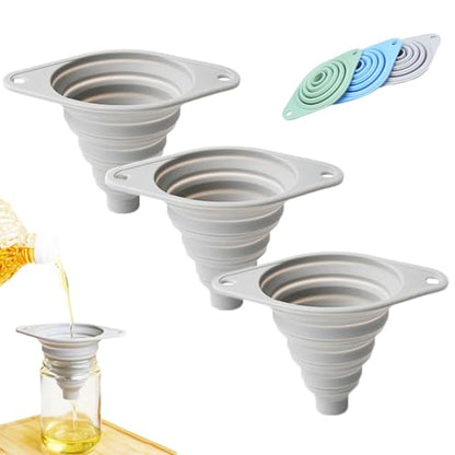 Kitchen Funnel Set 3 Pack, Food Grade Silicone Collapsible Small Funnels for Kitchen, Space-Saving Foldable Funnels for Filling Bottles, Oil, Liquid, Powder (Grey) - color: Grey