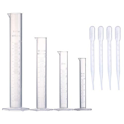 Measuring Cylinder Set, 4 Sizes Graduated Polypropylene Lab Test Tubes in 100 ml, 50 ml, 25 ml, 10 ml for Laboratory, & Science Experiments with 4 Plastic Droppers in 3 ml