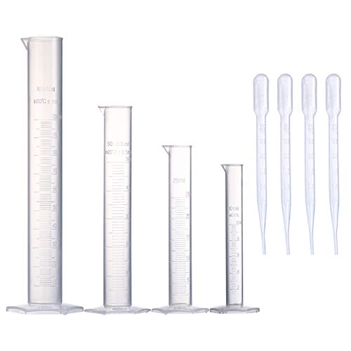 Measuring Cylinder Set, 4 Sizes Graduated Polypropylene Lab Test Tubes in 100 ml, 50 ml, 25 ml, 10 ml for Laboratory, & Science Experiments with 4 Plastic Droppers in 3 ml