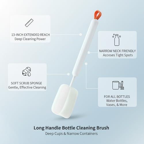 Long Handle Bottle Cleaning Brush with Soft Sponge Head for Deep Cups, Narrow Neck Bottles & Vases - 13 Inch - color: White