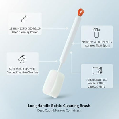 Long Handle Bottle Cleaning Brush with Soft Sponge Head for Deep Cups, Narrow Neck Bottles & Vases - 13 Inch - color: White