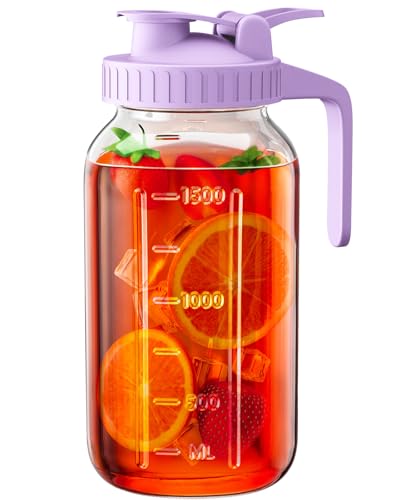 64 oz Glass Pitcher with Lid, Large Wide Mouth Mason Jar with Pour Spout, Purple Sun Tea Glass Jar for Outside, Juice Pitcher Great for Drink, Cold Beverages and Breast Milk - color: Purple, size: 64 Ounces