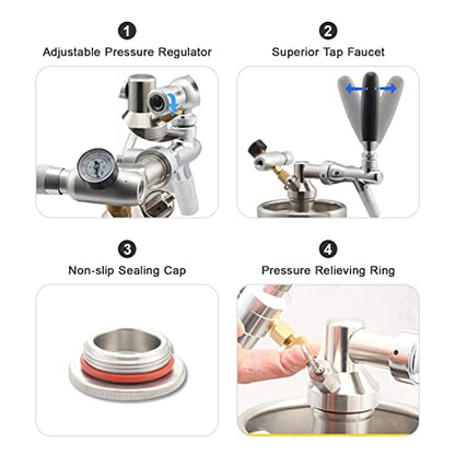 YUEWO Mini Beer Keg, Beer Pressurized Growler Tap System, 304 Stainless Steel Portable Dispenser Kegerator Kit with Co2 Regulator to Carbonation for Draft, Homebrew, Craft Beer (128OZ) - size: 128OZ