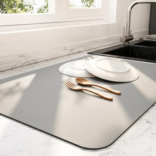 Ecotrim - Dish Drying Mat for Kitchen Counter | Coffee Bar Mat for Countertops | Heat Resistant Drainer Mat with Non-slip Rubber Backed | Hide Stain Kitchen Absorbent Draining Mat | Grey 16"x18" - color: Gray, size: 16" x 18"
