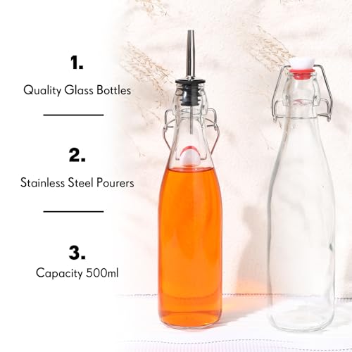Baderke 6 Pack Swing Top Glass Bottles with Airtight Stopper Lids and Pourers Flip 17oz Top Brewing Pour Bottle for Syrup, Fermentation, Kombucha, Mead, Vinegar, Beer, Kefir, Wine, Vanilla Extract