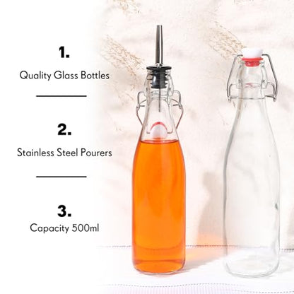 Baderke 6 Pack Swing Top Glass Bottles with Airtight Stopper Lids and Pourers Flip 17oz Top Brewing Pour Bottle for Syrup, Fermentation, Kombucha, Mead, Vinegar, Beer, Kefir, Wine, Vanilla Extract