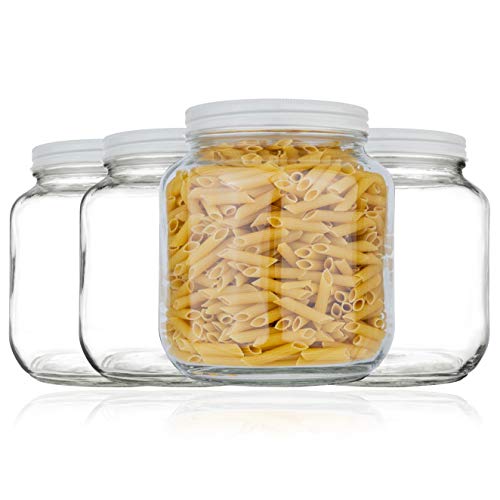 kitchentoolz Half Gallon Mason Jars Wide Mouth with Airtight White Metal Lids – 64 oz Glass Mason Jars for Sourdough Starter, Fermenting, Kombucha & Pickling – BPA-Free – 4 Pack - color: White Lid