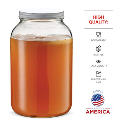 1 Gallon Glass Jar With Lid – Large Glass Jar With Airtight Metal Lids - USDA Approved BPA-Free Dishwasher Safe, Wide Mouth Sun Tea Jar, Gallon Mason Jar for Storage, Fermenting, And Brewing (2 Pack)
