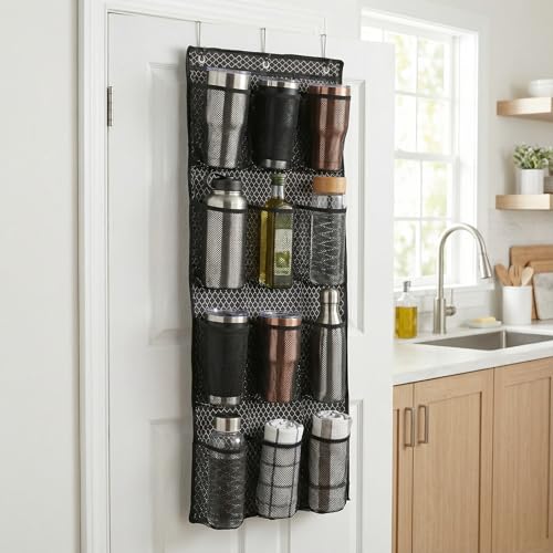 Water Bottle Organizer over the Door Cup Holder with 12 Large Pockets and Reinforced Bottom Tumbler Organizer Clear Mesh Cup Storage for Kitchen Pantry Cabinet Door Wall 41"×17"