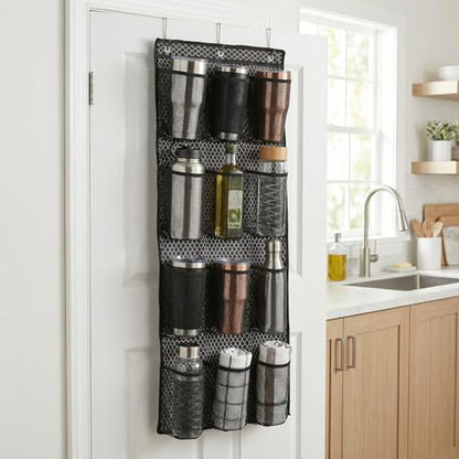 Water Bottle Organizer over the Door Cup Holder with 12 Large Pockets and Reinforced Bottom Tumbler Organizer Clear Mesh Cup Storage for Kitchen Pantry Cabinet Door Wall 41"×17"