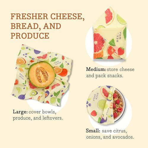 Bee's Wrap Beeswax Wraps for Food - 3 Pack of Assorted Beeswax Wraps - Small, Medium & Large Wrap - Plastic Free Made in USA Reusable Natural Food Wrap - Fresh Fruit Print - style: 3 Pack (Fresh Fruit)