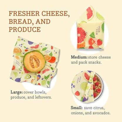 Bee's Wrap Beeswax Wraps for Food - 3 Pack of Assorted Beeswax Wraps - Small, Medium & Large Wrap - Plastic Free Made in USA Reusable Natural Food Wrap - Fresh Fruit Print - style: 3 Pack (Fresh Fruit)