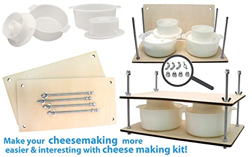 Wooden Cheese Press for Cheese Making Supplies 16in Metal Guides and 2 pcs Cheese Mold with Follower Piston 1.3Qt - large Home Supply Ultimate Cheese Press Machine - Prensa Para Queso Casero