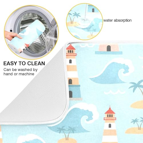 Ocean Lighthouse Palm Tree Dish Drying Mat for Kitchen Counter Super Absorbent Draining Mat with Non-slip Backed Dish Drying Pad for Countertops Sinks Draining Racks Dish Bottles Cups Bowl
