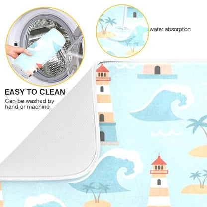 Ocean Lighthouse Palm Tree Dish Drying Mat for Kitchen Counter Super Absorbent Draining Mat with Non-slip Backed Dish Drying Pad for Countertops Sinks Draining Racks Dish Bottles Cups Bowl