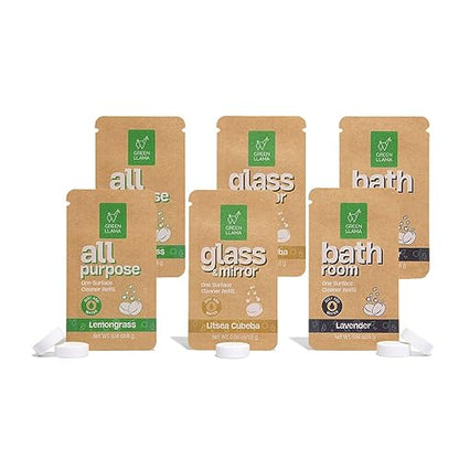 Green Llama Eco-Friendly Cleaning Tablet Variety Pack - Multi-Surface, Glass & Bathroom Cleaner Refills, Compostable, Plant-Based, Family & Pet Safe - Sample Pack with 6 Tablets - style: SP(2 each)