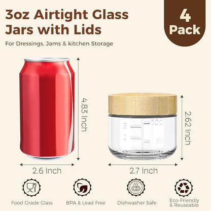 HomArtist 3oz Glass Salad Dressing Containers with Bamboo Lids - 4 Pack Small Airtight Condiment Cups, Mini Sauce Jars for Picnic, Ketchup, Dip & Snacks, Leakproof, BPA-Free & Dishwasher Safe - color: 3oz - 4 Pack