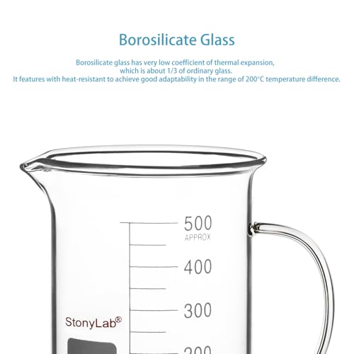 stonylab Glass Beaker with Handle, Borosilicate Glass Graduated Low Form Griffin Beaker with Handle and Pouring Spout, 500 ml - size: 500 ml