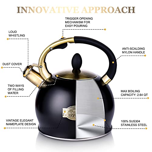SUSTEAS Stove Top Whistling Tea Kettle - Food Grade Stainless Steel Teakettle Teapot with Cool Touch Ergonomic Handle, With 1 Silicone Pinch Mitt Included, 2.64 Quart(BLACK) - color: Black