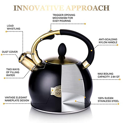 SUSTEAS Stove Top Whistling Tea Kettle - Food Grade Stainless Steel Teakettle Teapot with Cool Touch Ergonomic Handle, With 1 Silicone Pinch Mitt Included, 2.64 Quart(BLACK) - color: Black